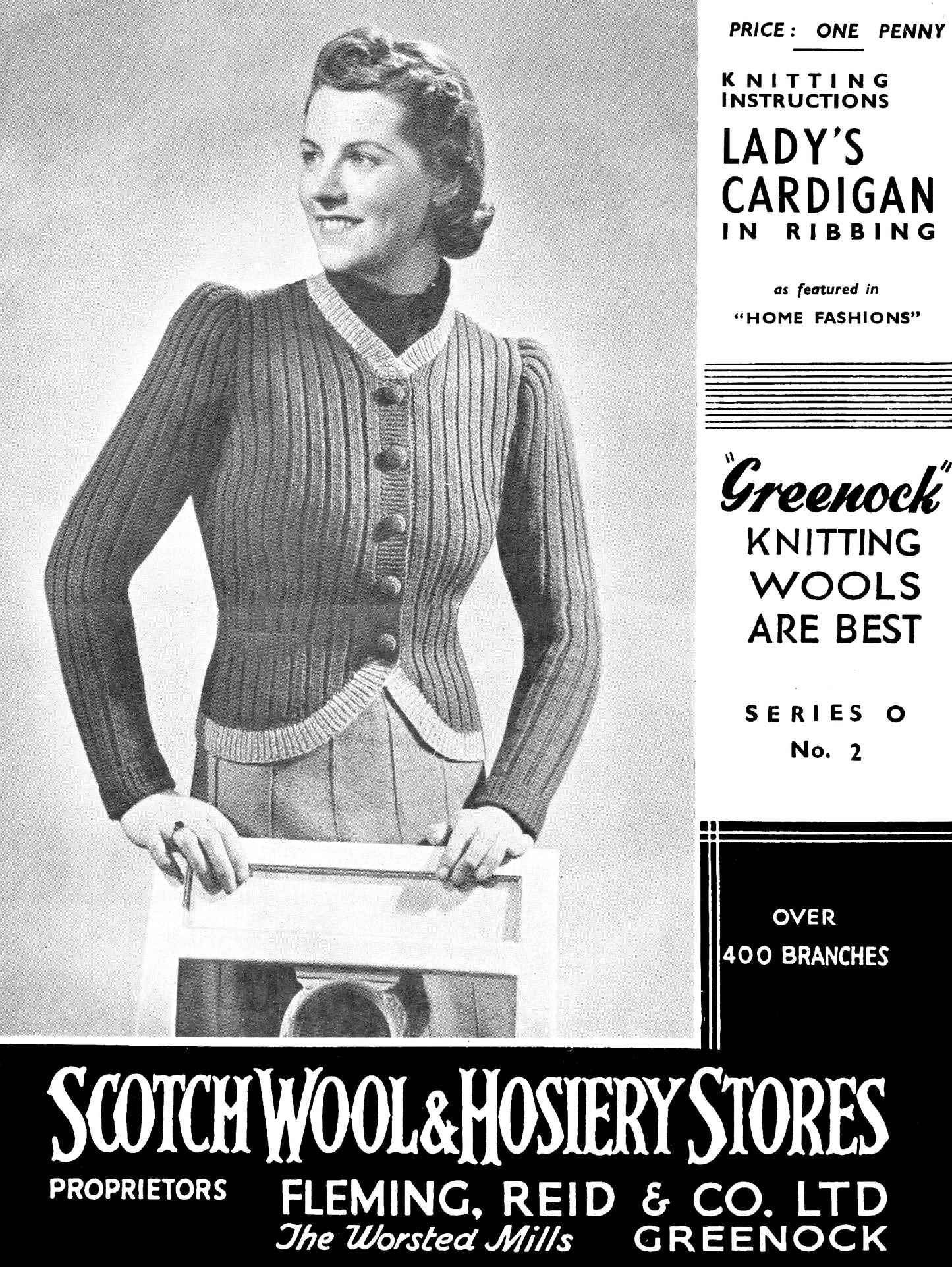 Ladies Ribbed Cardigan, 32" Bust, 4ply, 40s Knitting Pattern, Greenock 2