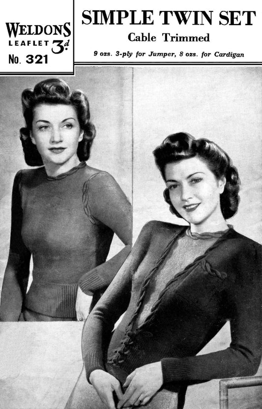 Ladies Twin Set, Cardigan and Jumper, 34" Bust, 3ply, 40s Knitting Pattern, Weldons 321