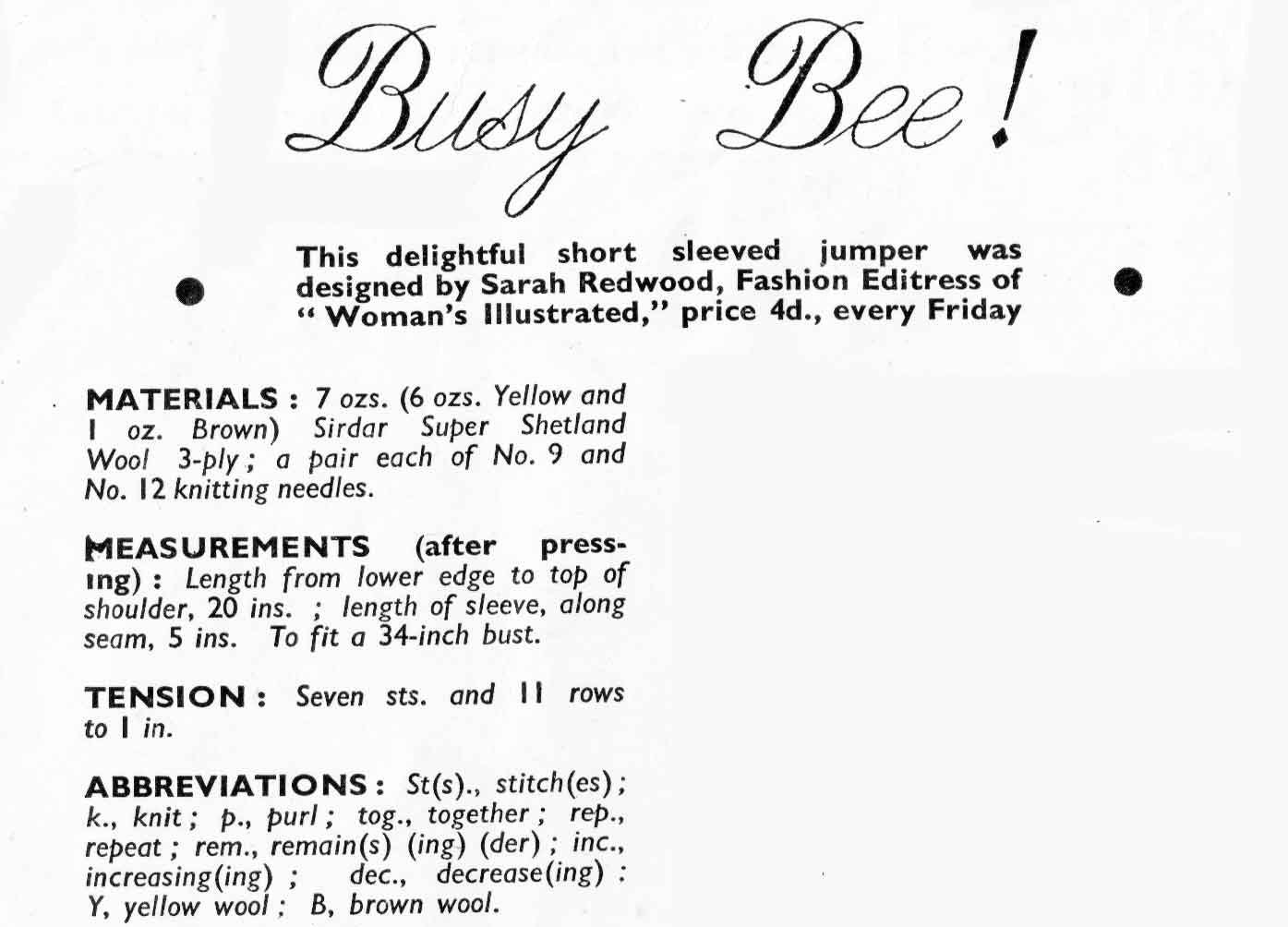 Ladies Short Sleeved Jumper with Busy Bee Motif Yoke, 34" Bust, 3ply, 40s Knitting Pattern, Bestway 1705