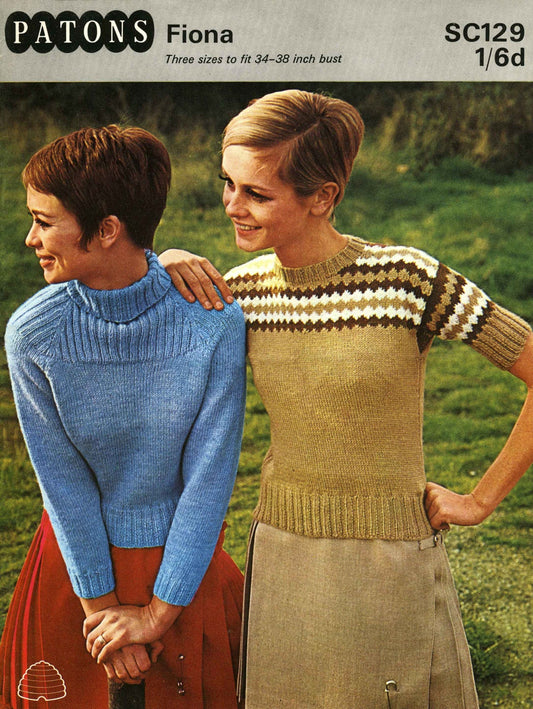 Ladies Sweater / Jumper, Shetland look, Polo, Round, Ribbed, Fair Isle, 34"-38" Bust, DK, 60s Knitting Pattern, Patons 129