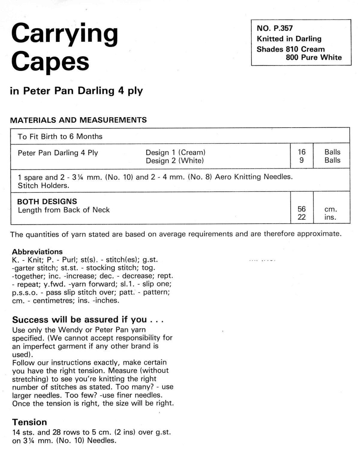 Baby Carrying Capes, To fit Birth to 6 Months, 4ply, 70s Knitting Pattern, Wendy Peter Pan 357
