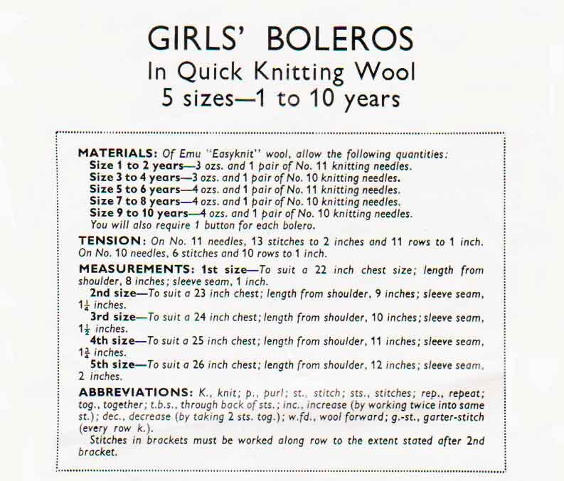 Girls Bolero, Size 1-10 years, DK, 50s Knitting Pattern, Weldons 1440