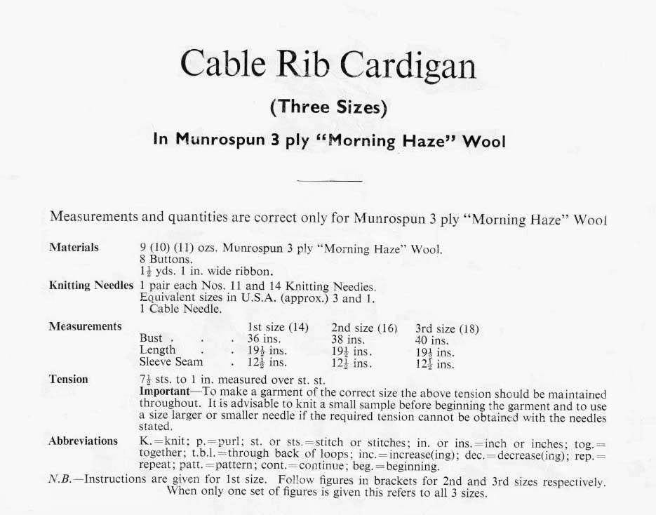 Ladies Cable Rib Cardigan, 36", 38", 40" Bust, 3ply, 50s Knitting Pattern, Munrospun 8006