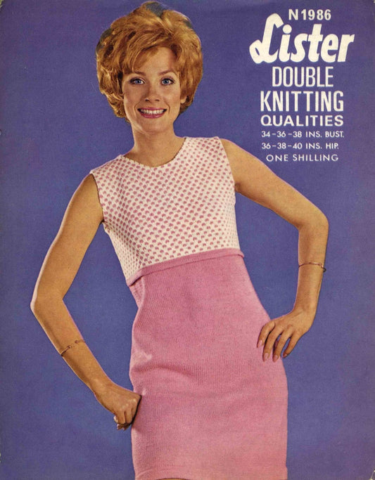 Ladies Sleeveless Dress, 34"/36"/38" Bust, DK, 60s Knitting Pattern, Lister 1986