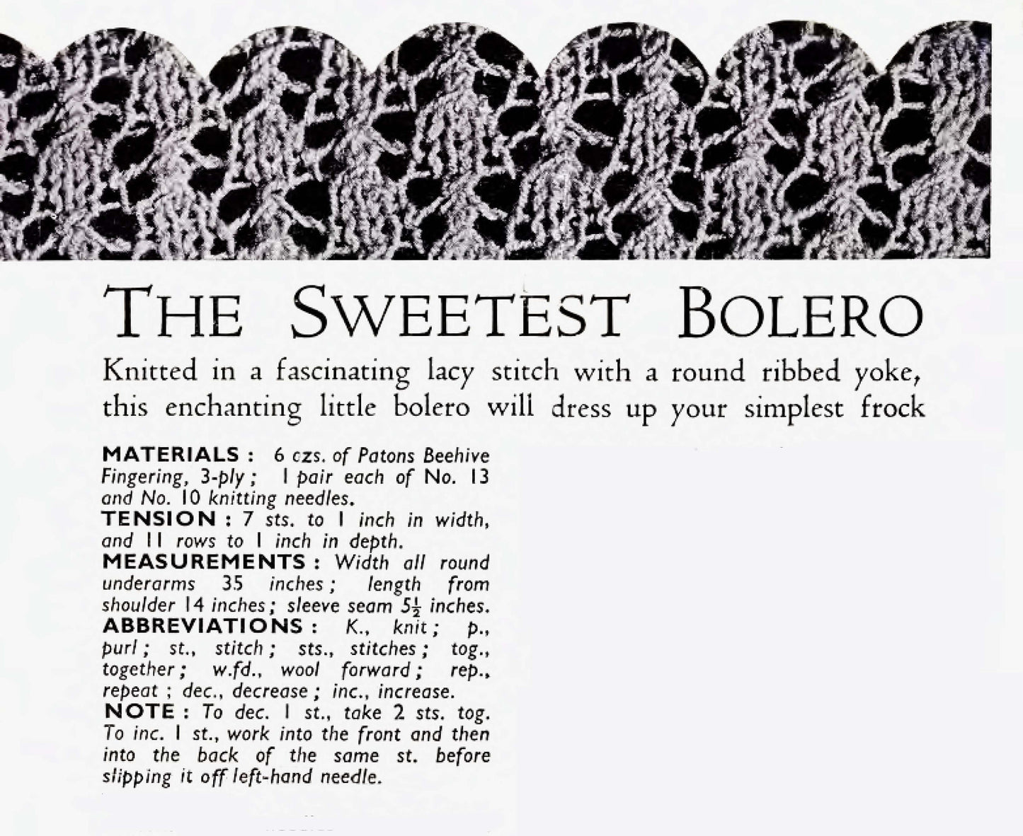 Ladies Lacy Bolero Cardigan, 35" Bust, 3ply, 40s Knitting Pattern, Bestway 856