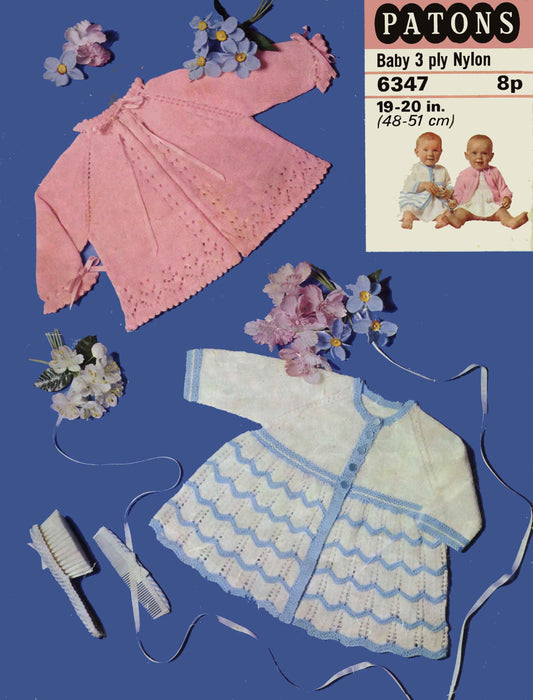 Baby Cardigan in 2 styles, Raglan with picot edging & Scalloped in contrasting colour, 3ply, 70s Knitting Pattern, Patons 6347