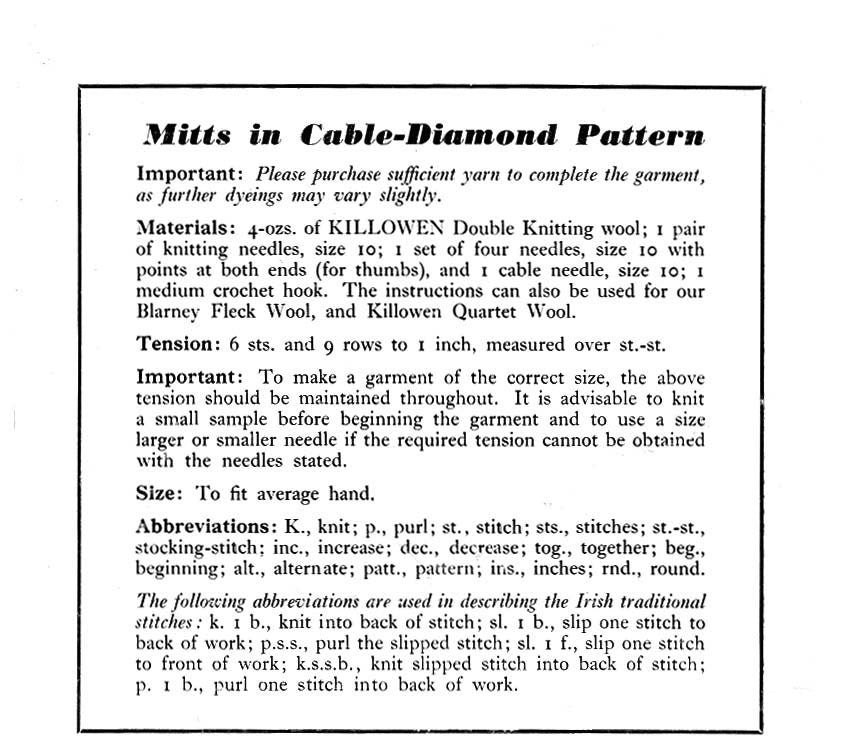 Ladies Mitts, DK, 50s Knitting Pattern, Killowen 5704