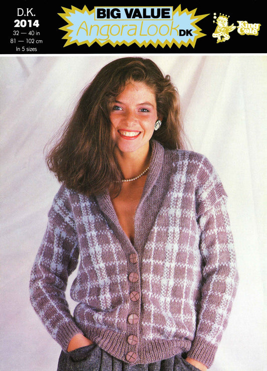 Ladies Angora Look Cardigan, 32"-40" Bust, DK, 80s Knitting Pattern, King Cole 2014