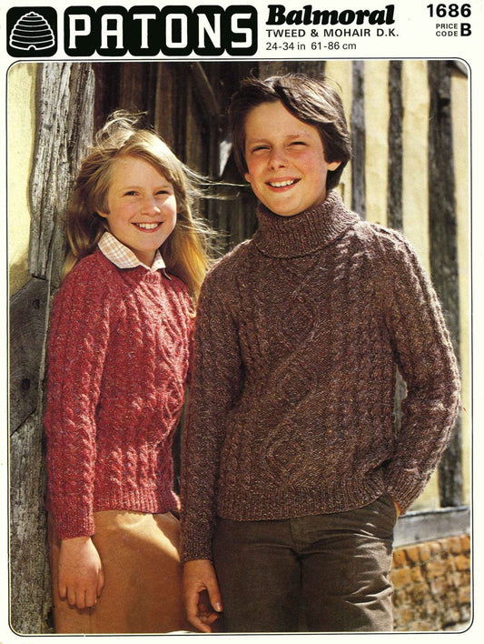 Girl and Boy round or Polo neck Jumper / Sweater, 24"-34" Chest, DK, 80s Knitting Pattern, Patons 1686