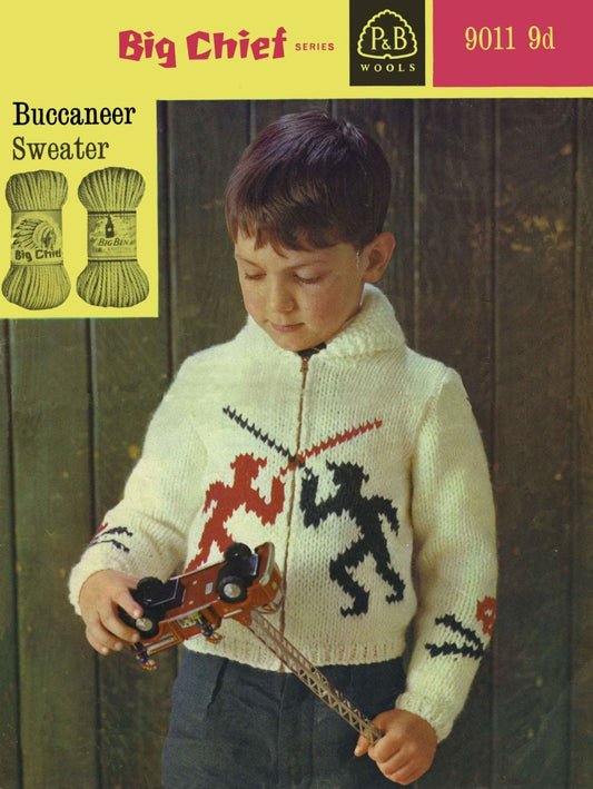 Boy Cardigan with Cowboy Motif, Chunky, 21"-24" Chest, 60s Knitting Pattern, P&B 9011