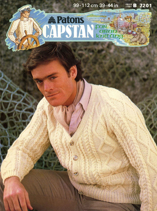 Men's V Neck Cardigan, 39"-44" Chest, Aran, 80s Knitting Pattern, Patons 7201