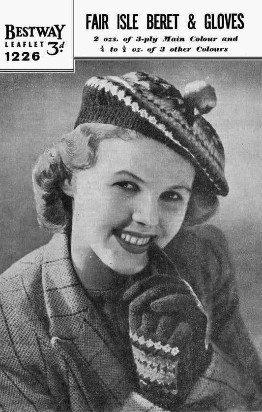 Ladies Fair Isle Beret and Gloves, 3ply, 40s Knitting Pattern, Bestway 1226