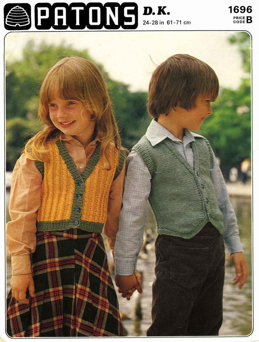 Children's Waistcoat in 2 Styles, DK, 70s Knitting Pattern, Patons 1696
