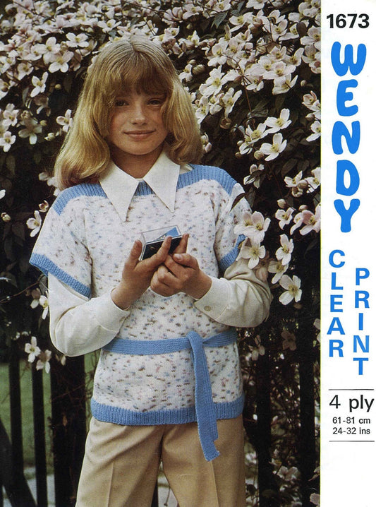 Girl's Over sweater / Jumper, 24"-32" Chest, 4ply, 70s Knitting Pattern, Wendy 1673