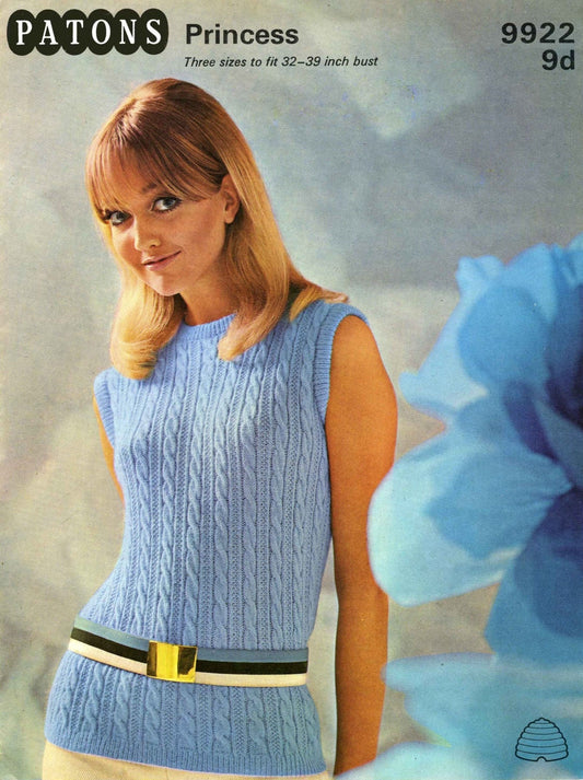 Ladies Sleeveless Top, 32"-39" Bust, 4ply, 60s Knitting Pattern, Patons 9922