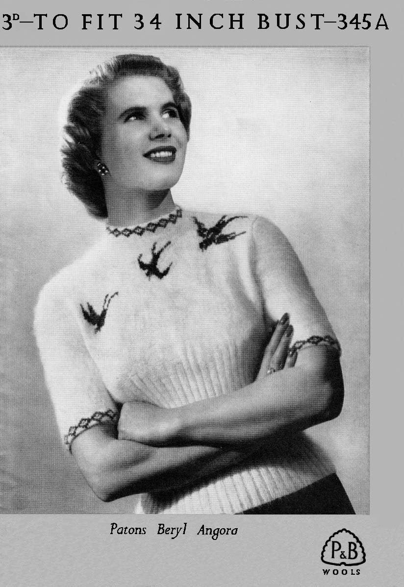 Ladies Jumper with Blue Bird Motif, 34" Bust, 3ply, 40s Knitting Pattern, P&B 345 (345A)