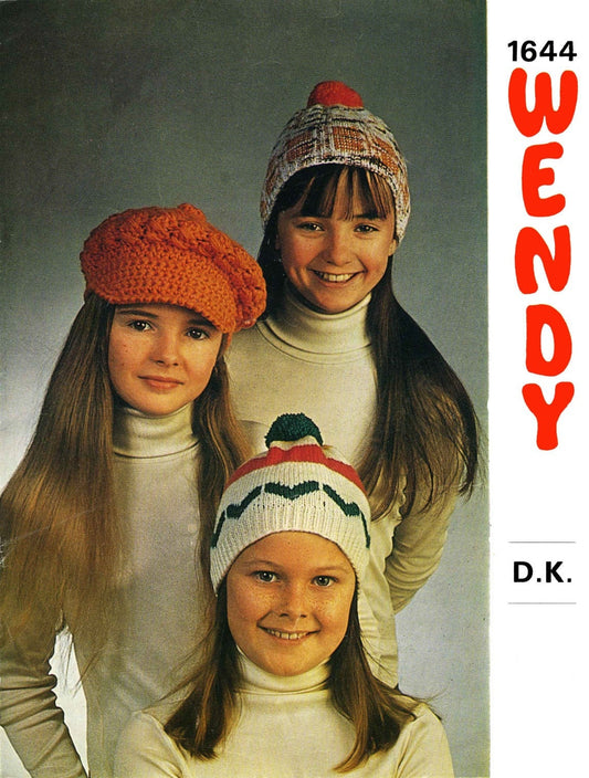 Girl Hat in 3 styles, DK, 70s Knitting Pattern & Crochet Pattern, Wendy 1644