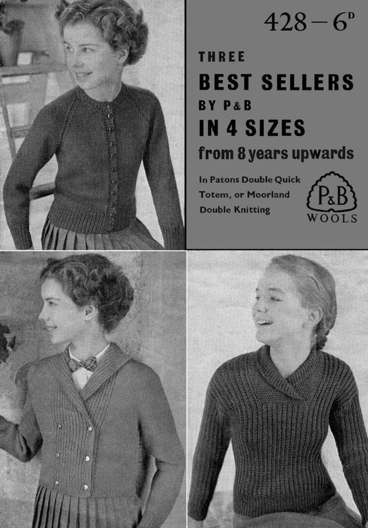 Girls 2 Styles of Cardigan and a Jumper, 28"-34" Chest, DK, 50s Knitting Pattern, P&B 428