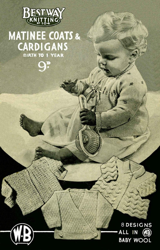 Baby Matinee Coat and Cardigan in 8 Styles, Birth to 1 year, 40s Knitting Pattern, Bestway 104