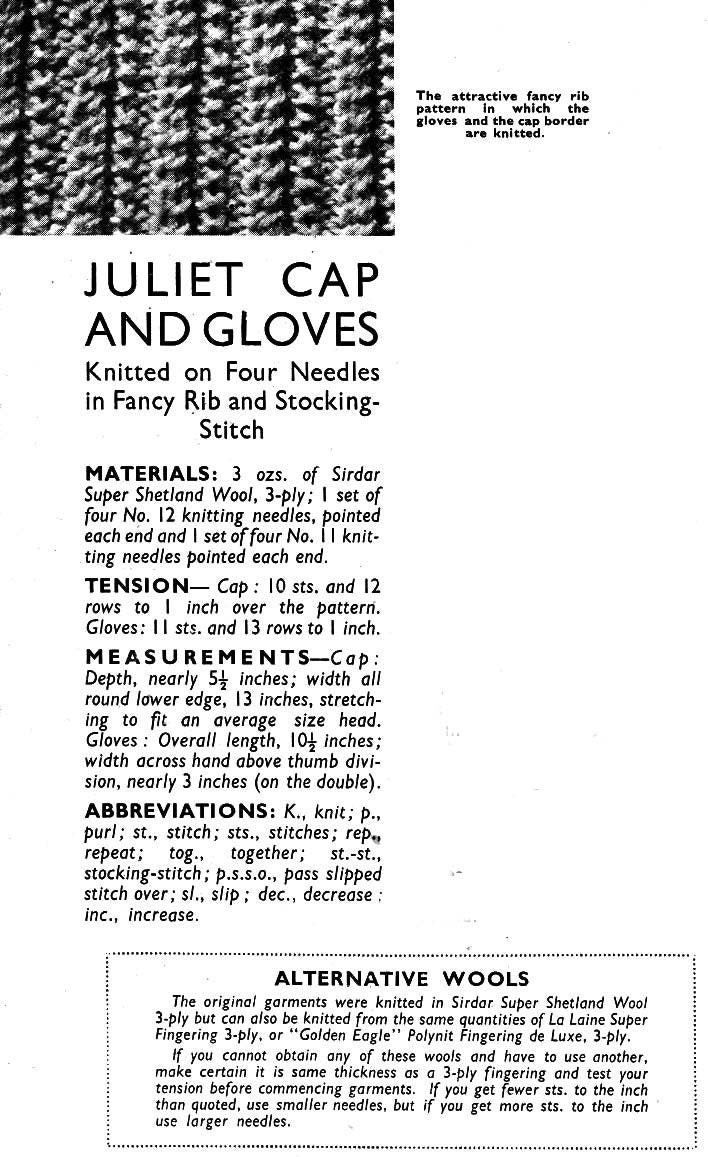 Ladies Juliet Cap / Hat and Gloves, 3ply, 40s Knitting Pattern, Weldons 390