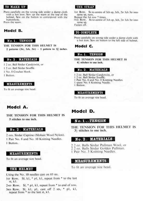 Ladies Helmets in Four Styles, DK & Chunky, 60s Knitting Pattern, Sirdar 885