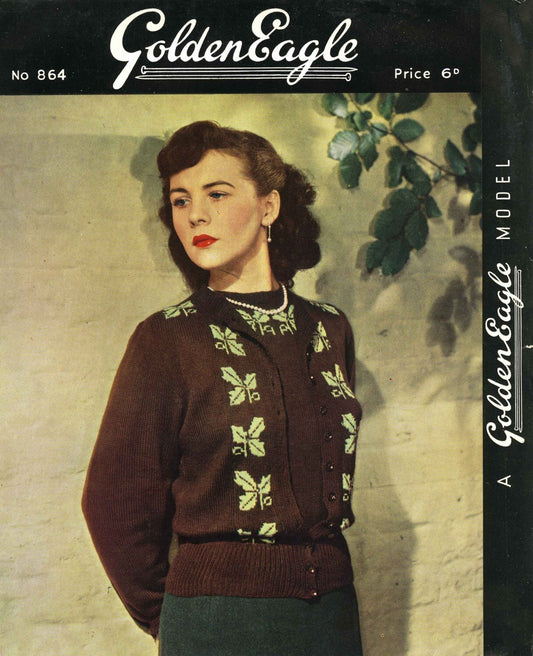 Ladies Twin Set - Jumper and Cardigan, Fair Isle Leaf Pattern, Bust 34"/36", 50s Knitting Pattern, Golden Eagle 864
