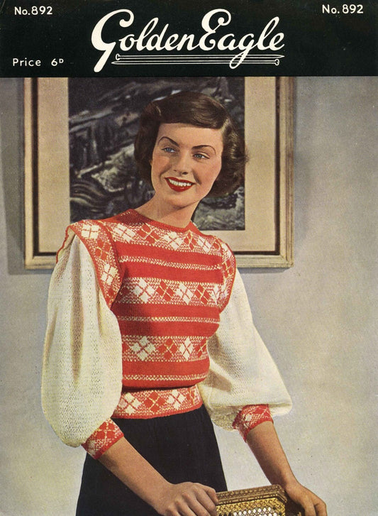 Ladies Fair Isle Jumper, Bust 33", 3ply, 50s Knitting Pattern, Golden Eagle 892