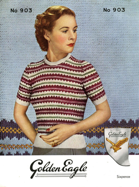 Ladies Fair Isle Jumper, 32" Bust, 3ply, 50s Knitting Pattern, Golden Eagle 903