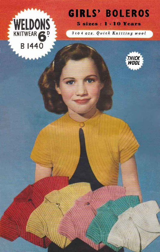 Girls Bolero, Size 1-10 years, DK, 50s Knitting Pattern, Weldons 1440