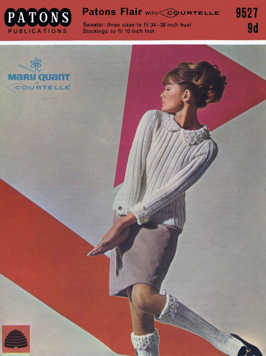Ladies Jumper & Knee High Socks, Mary Quant Design, 34"-38" Bust, Worsted, 60s Knitting with Crochet Pattern, Patons 9527