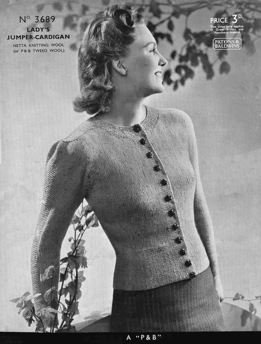 Ladies Cardigan, 34" Bust, 4ply, 40s Knitting Pattern, P&B 3689