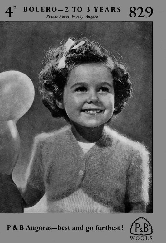 Girls Bolero, 2-3 years 23" Chest, 4ply, 50s Knitting Pattern, P&B 829
