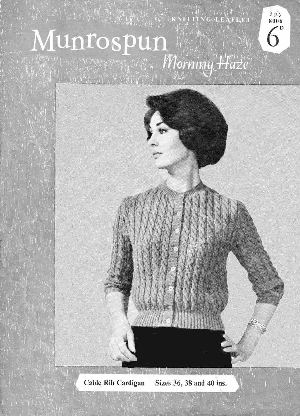Ladies Cable Rib Cardigan, 36", 38", 40" Bust, 3ply, 50s Knitting Pattern, Munrospun 8006