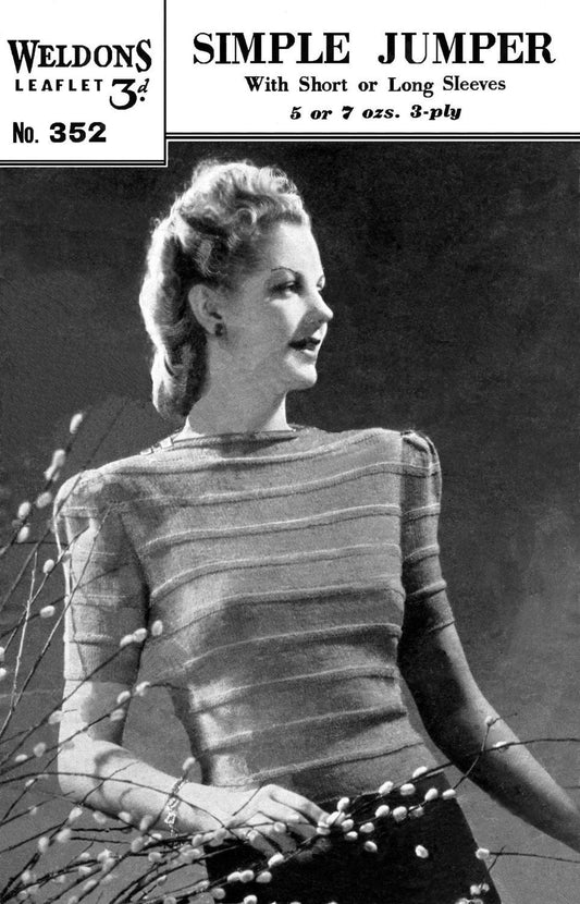 Ladies Simple Jumper, 34"-36" Bust, 3ply, 40s Knitting Pattern, Weldons 352