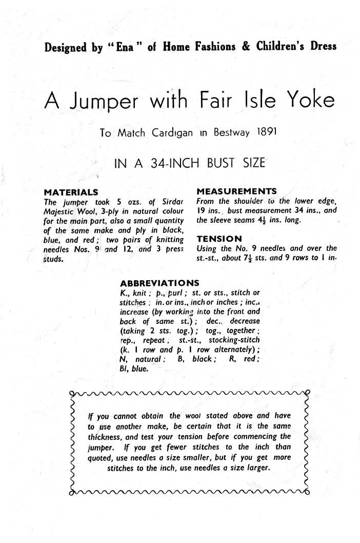 Ladies Jumper with Fair Isle Yoke, 34" Bust, 3ply, 40s Knitting Pattern, Bestway 1890
