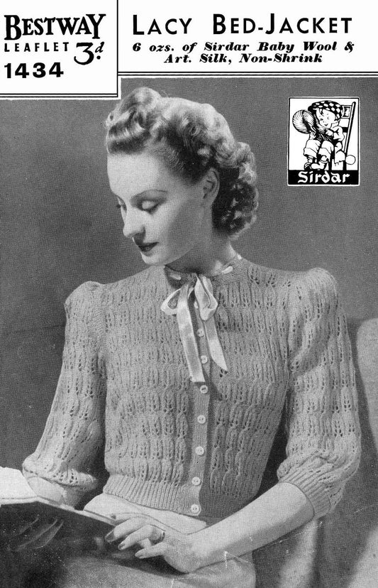 Ladies Lacy Bed Jacket, 35" Bust, 4ply, 50s Knitting Pattern, Bestway 1434