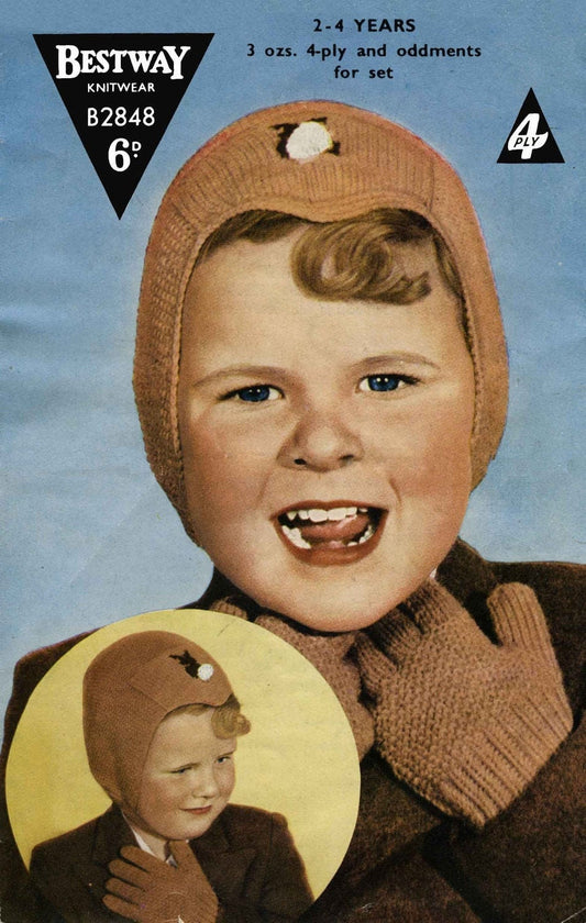 Childrens Helmet / Hat with Rabbit Motif and Gloves, 2-4 years, 4ply, 60s Knitting Pattern, Bestway 2848
