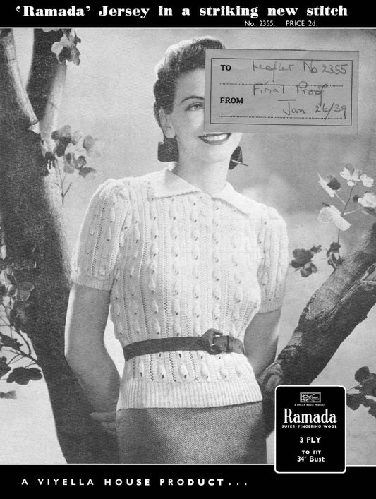 Ladies Jumper, 34" Bust, 3ply, Dated 1939, 30s Knitting Pattern, Ramada 2355