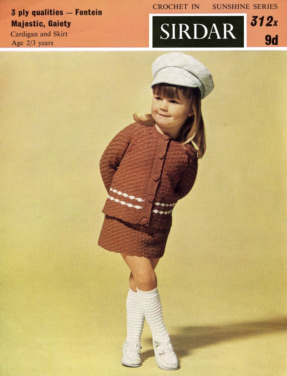 Girls Cardigan and Skirt, 3ply, 2/3 years, 60s Crochet Pattern, Sirdar 312