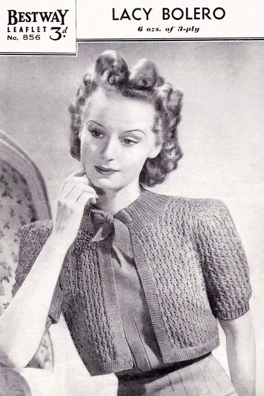 Ladies Lacy Bolero Cardigan, 35" Bust, 3ply, 40s Knitting Pattern, Bestway 856