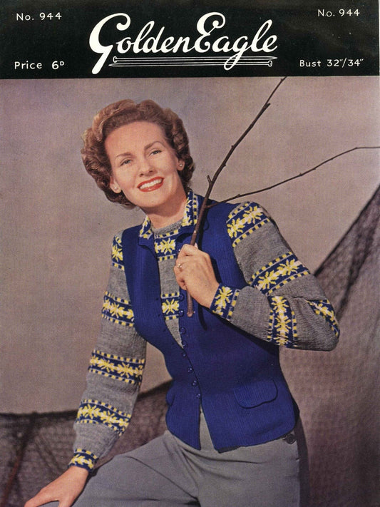 Ladies Twin Set Jumper and Waistcoat / Jacket, 32"/24" Bust, 3ply, 50s Knitting Pattern, Golden Eagle 944