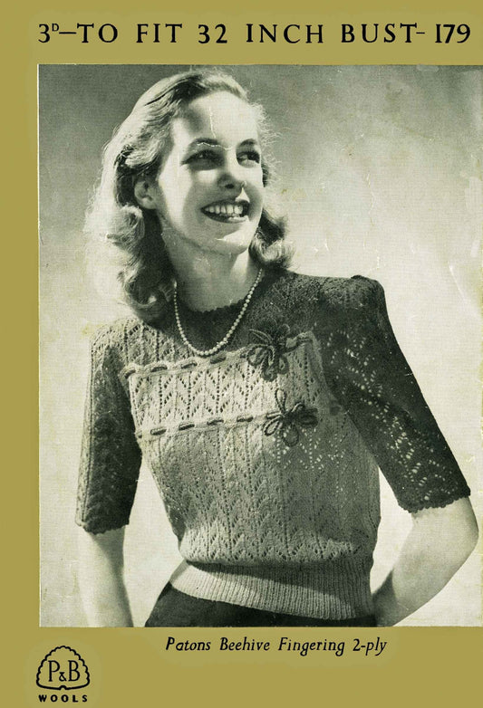 Ladies Jumper, 32" Bust, 2ply, 40s Knitting Pattern, P&B 179