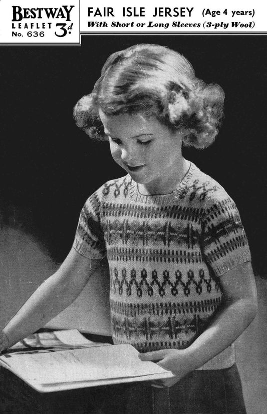 Fair Isle Jumper, Boy & Girl, Long and Short Sleeves, 4 years, 24" Chest, 3ply, 40s Knitting Pattern, Bestway 636