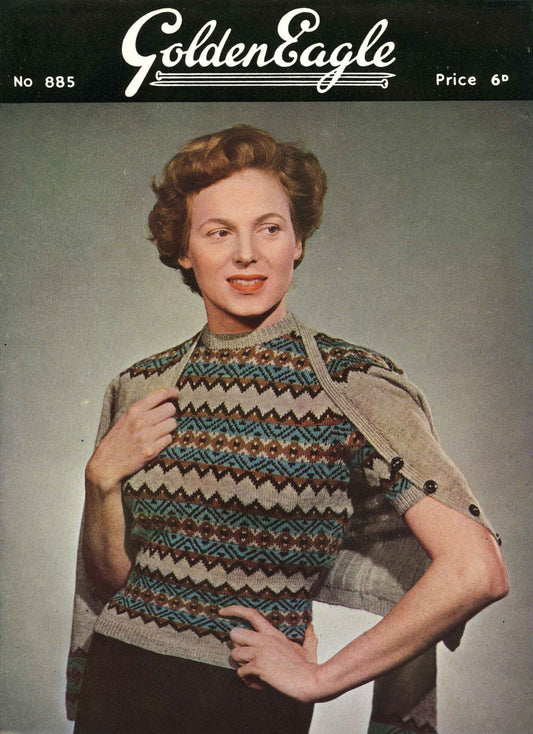 Ladies Fair Isle Twin Set, 34" Bust, 3ply, 50s Knitting Pattern, Golden Eagle 885