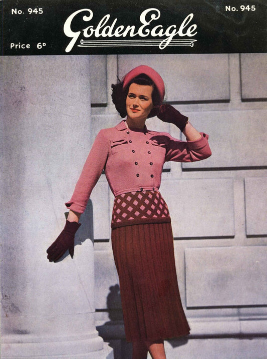 Ladies Suit, Skirt and Jacket, 35" Bust 26" Waist, 3ply, 50s Knitting Pattern, Golden Eagle 945