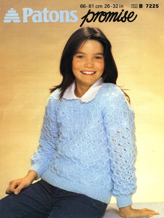 Girls Lacy Sweater / Jumper, 26"-32" Chest, DK, 80s Knitting Pattern, Patons 7225