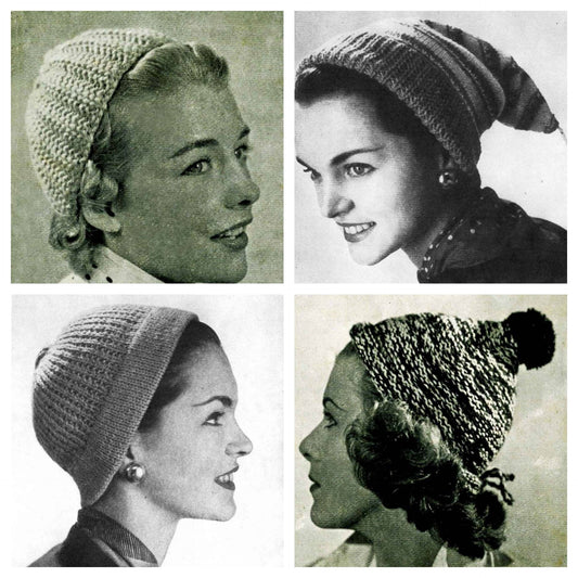 Ladies Hats in 4 Styles, DK, 50s Knitting Pattern, P&B 344