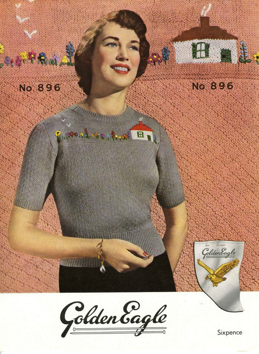 Ladies Jumper "Dream Cottage", 34" Bust, 3ply, 50s Knitting Pattern, Golden Eagle 896