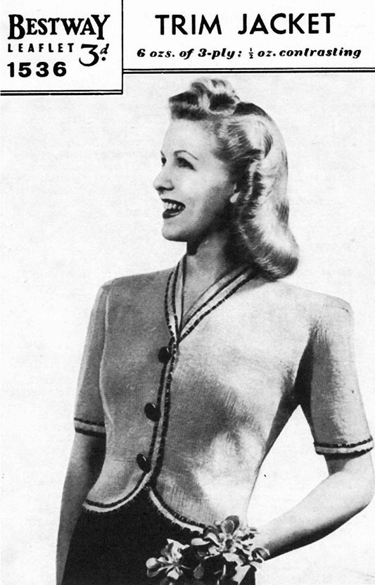 Ladies Trim Jacket / Cardigan, 35" Bust, 3ply, 40s Knitting Pattern, Bestway 1536