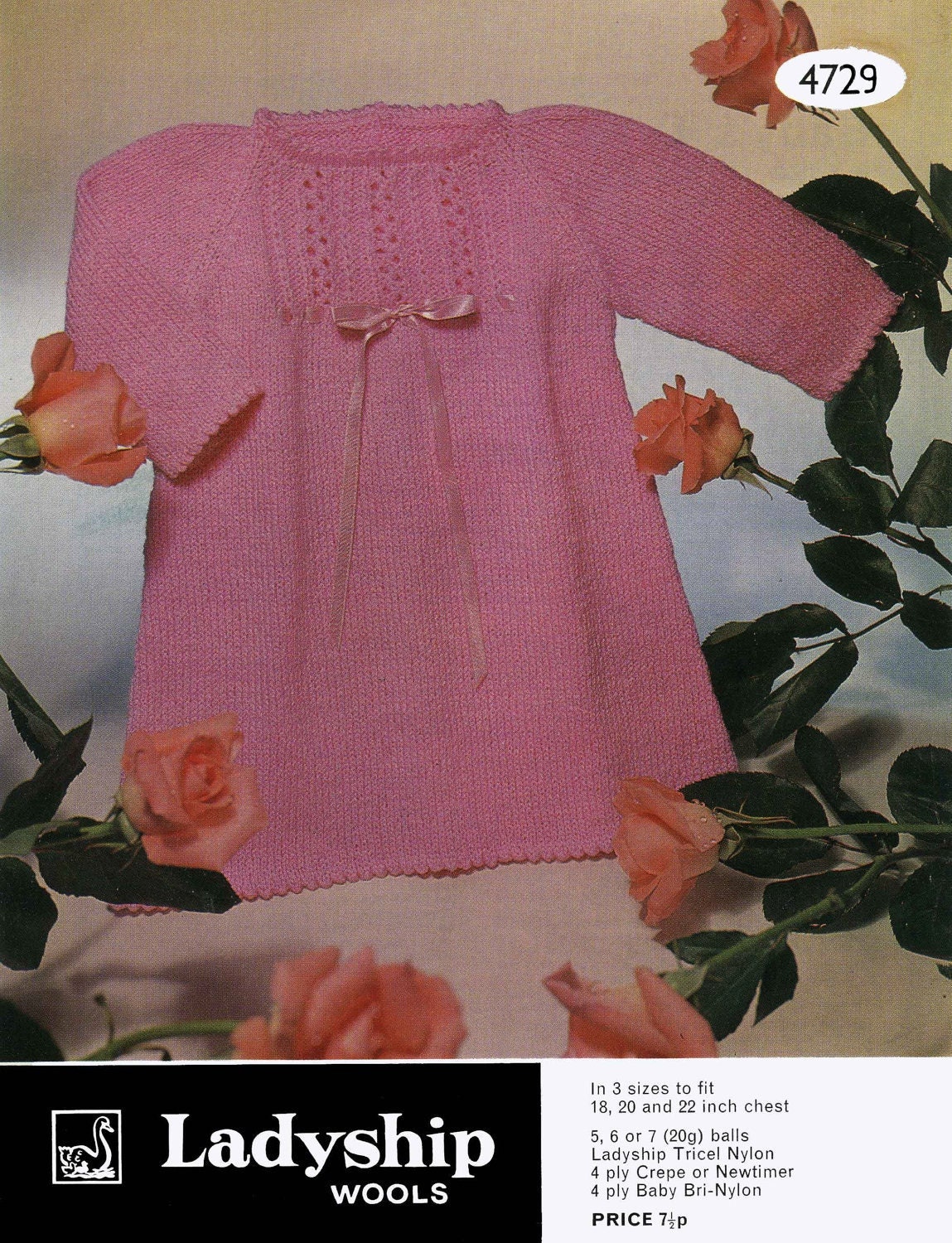 Baby Dress, 18", 20", 22" Chest, 4ply, 70s Knitting Pattern, Ladyship 4729